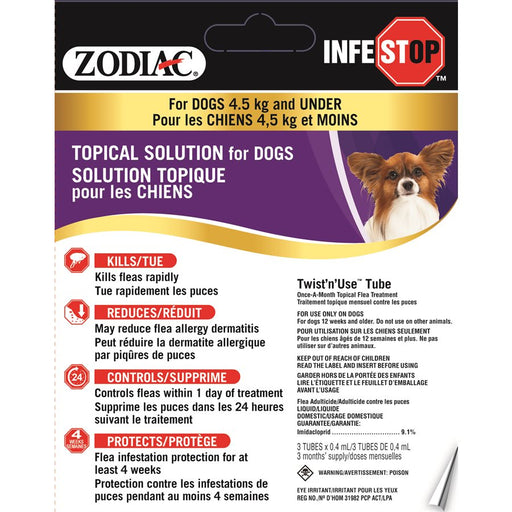 Zodiac infestop solution topique pour chiens 4.5kg et moins